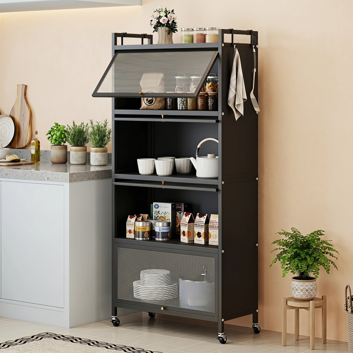 5-Tier Kitchen Storage Cabinet with 4 Flip-up PC Doors Adjustable Feet and Rolling Wheels