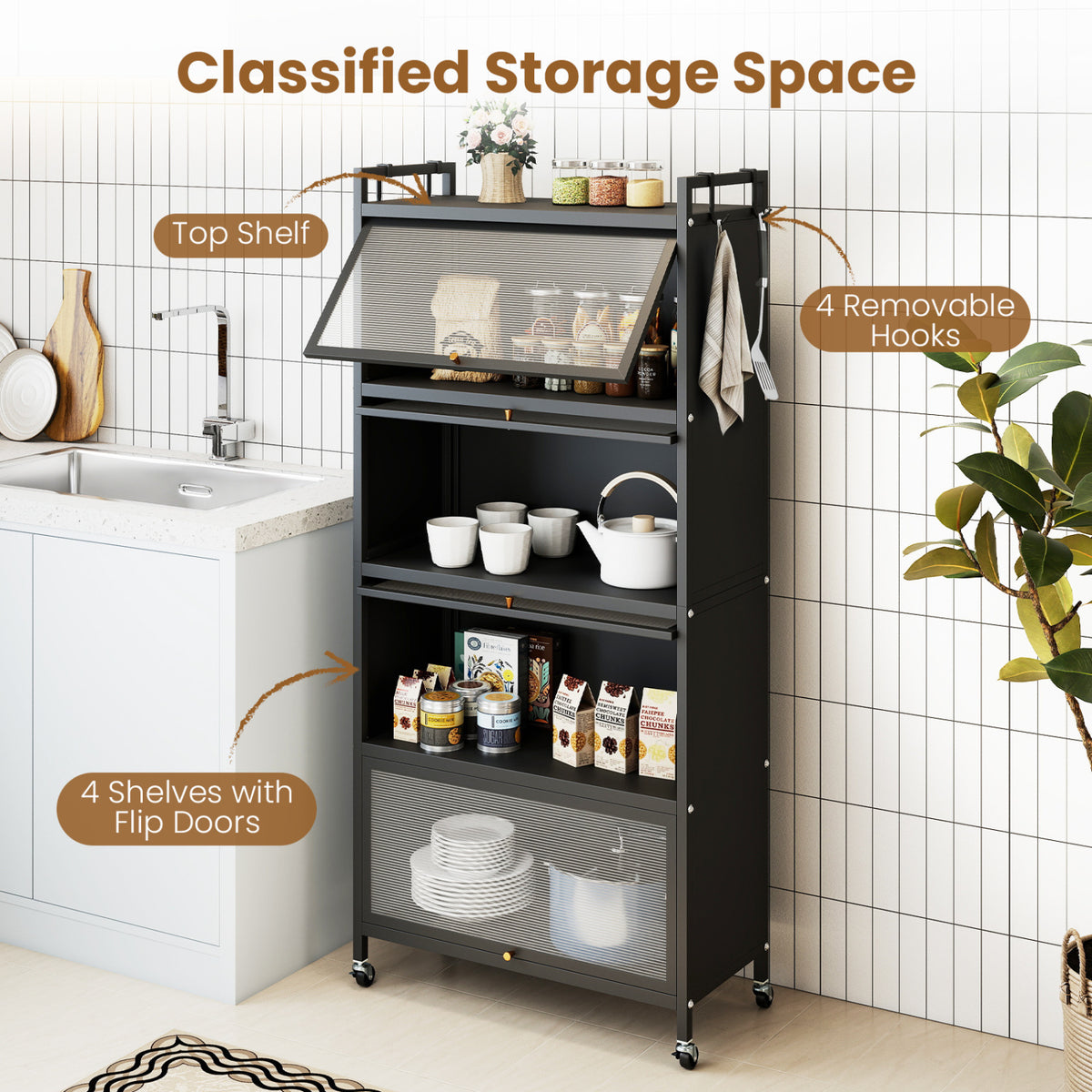 5-Tier Kitchen Storage Cabinet with 4 Flip-up PC Doors Adjustable Feet and Rolling Wheels