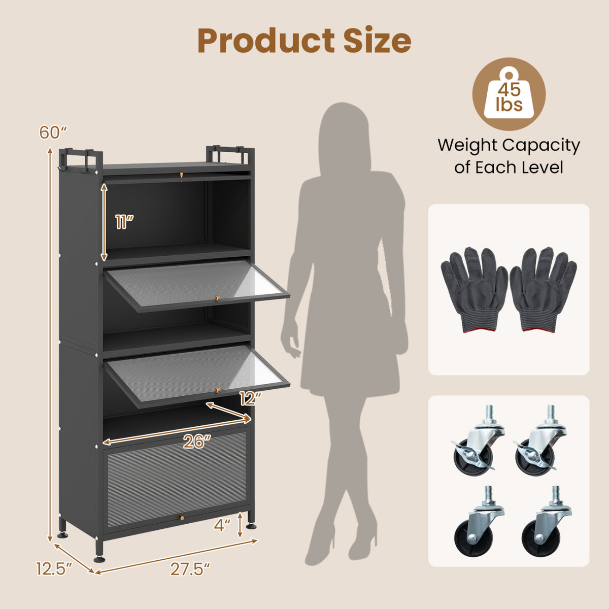 5-Tier Kitchen Storage Cabinet with 4 Flip-up PC Doors Adjustable Feet and Rolling Wheels