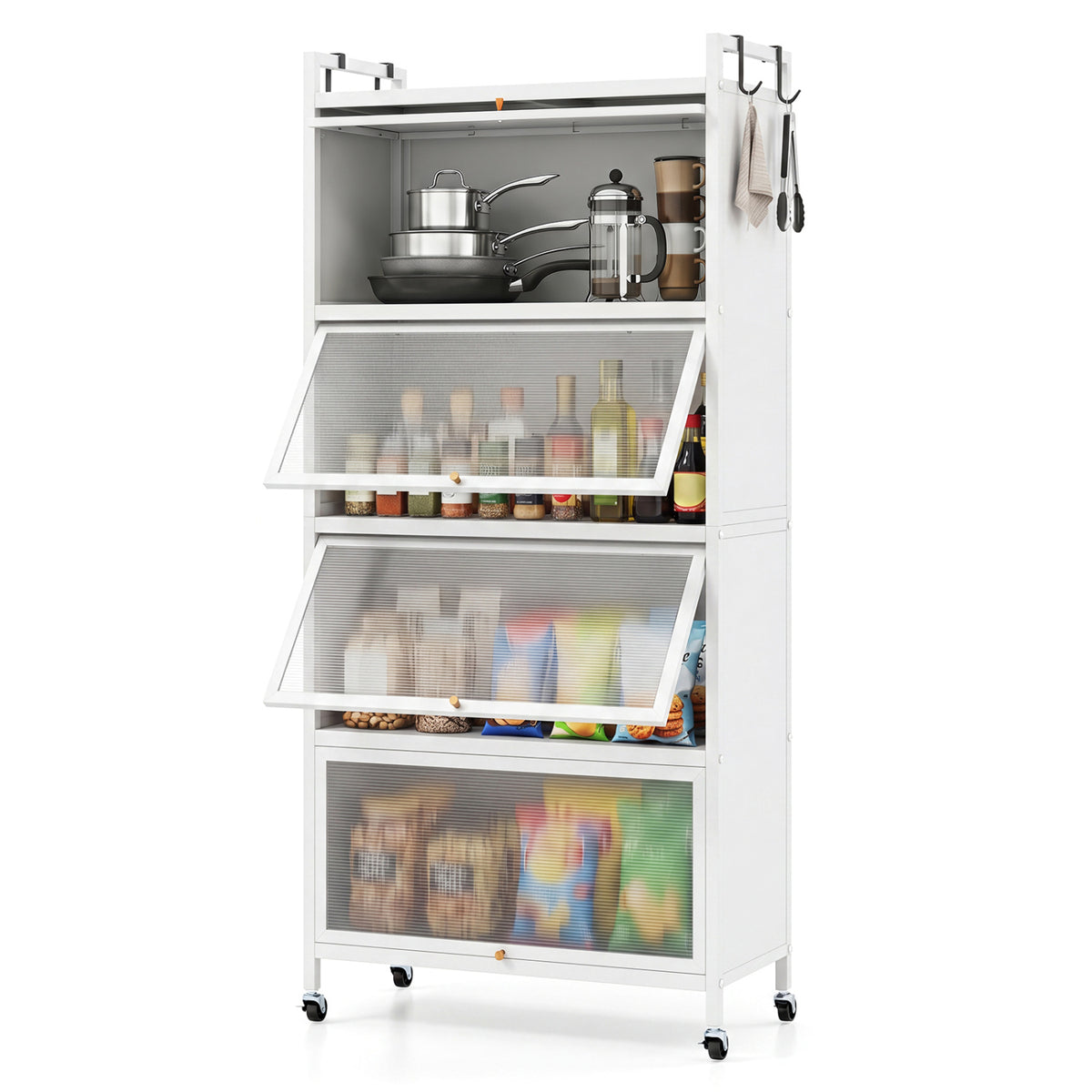 5-Tier Kitchen Storage Cabinet with 4 Flip-up PC Doors Adjustable Feet and Rolling Wheels