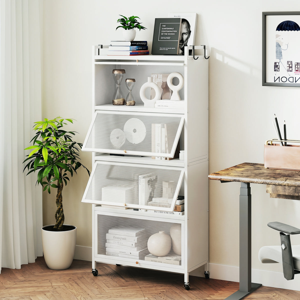 5-Tier Kitchen Storage Cabinet with 4 Flip-up PC Doors Adjustable Feet and Rolling Wheels