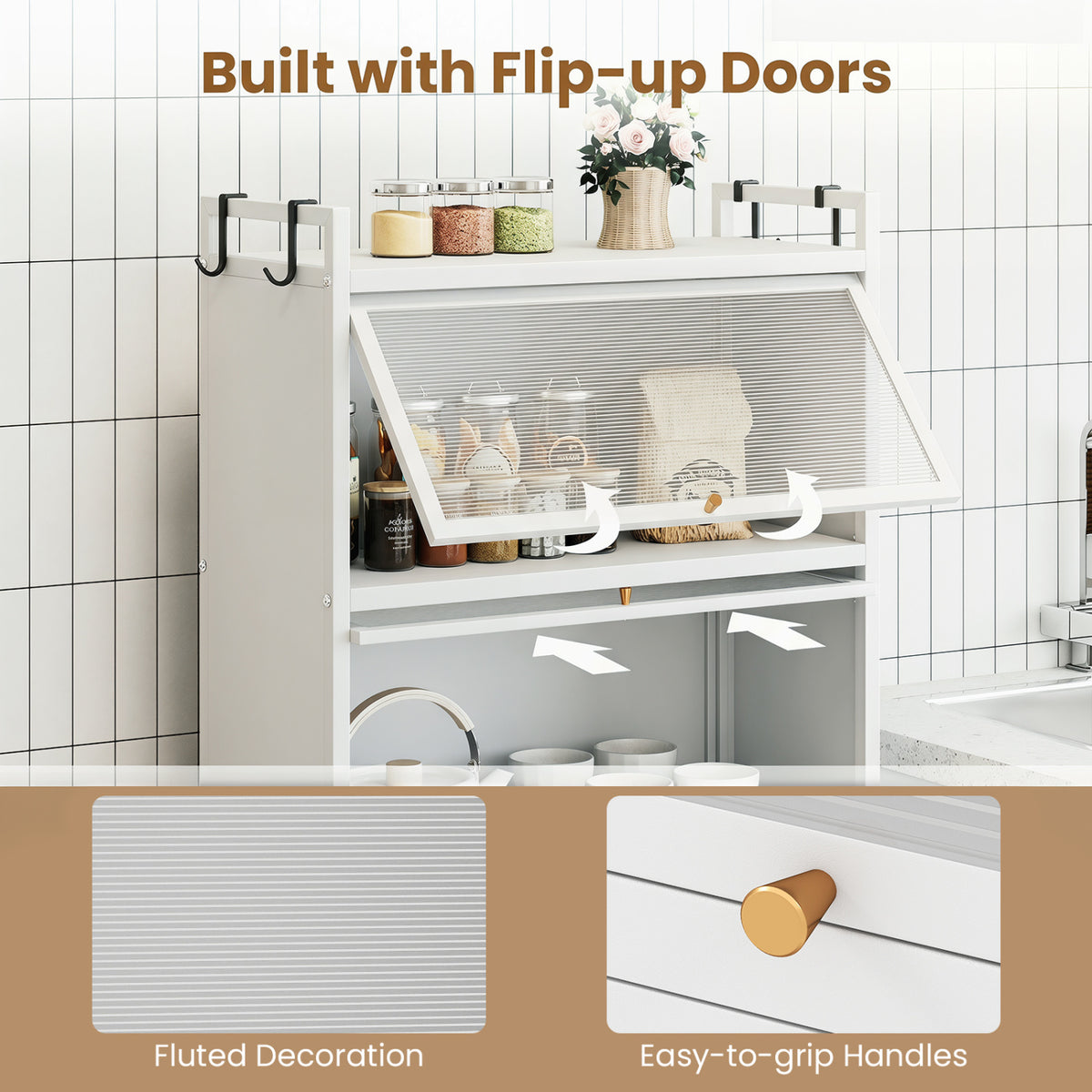 5-Tier Kitchen Storage Cabinet with 4 Flip-up PC Doors Adjustable Feet and Rolling Wheels