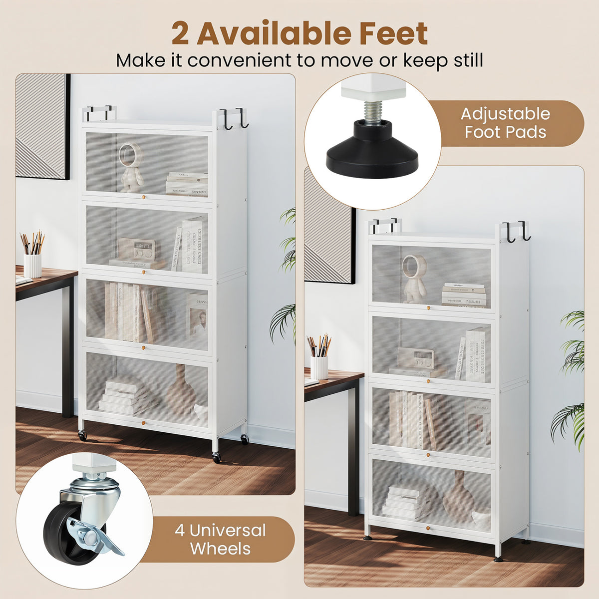 5-Tier Kitchen Storage Cabinet with 4 Flip-up PC Doors Adjustable Feet and Rolling Wheels