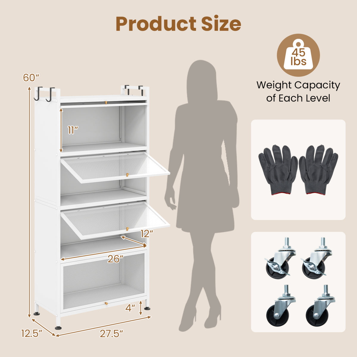 5-Tier Kitchen Storage Cabinet with 4 Flip-up PC Doors Adjustable Feet and Rolling Wheels