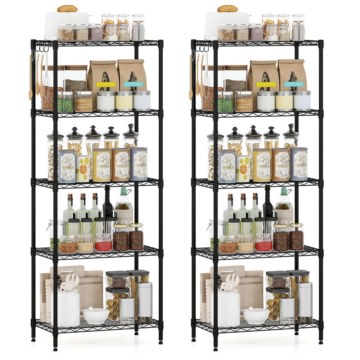 5-Tier Metal Storage Shelving Unit Set of 2 with V-Shaped Wire Rack-Black