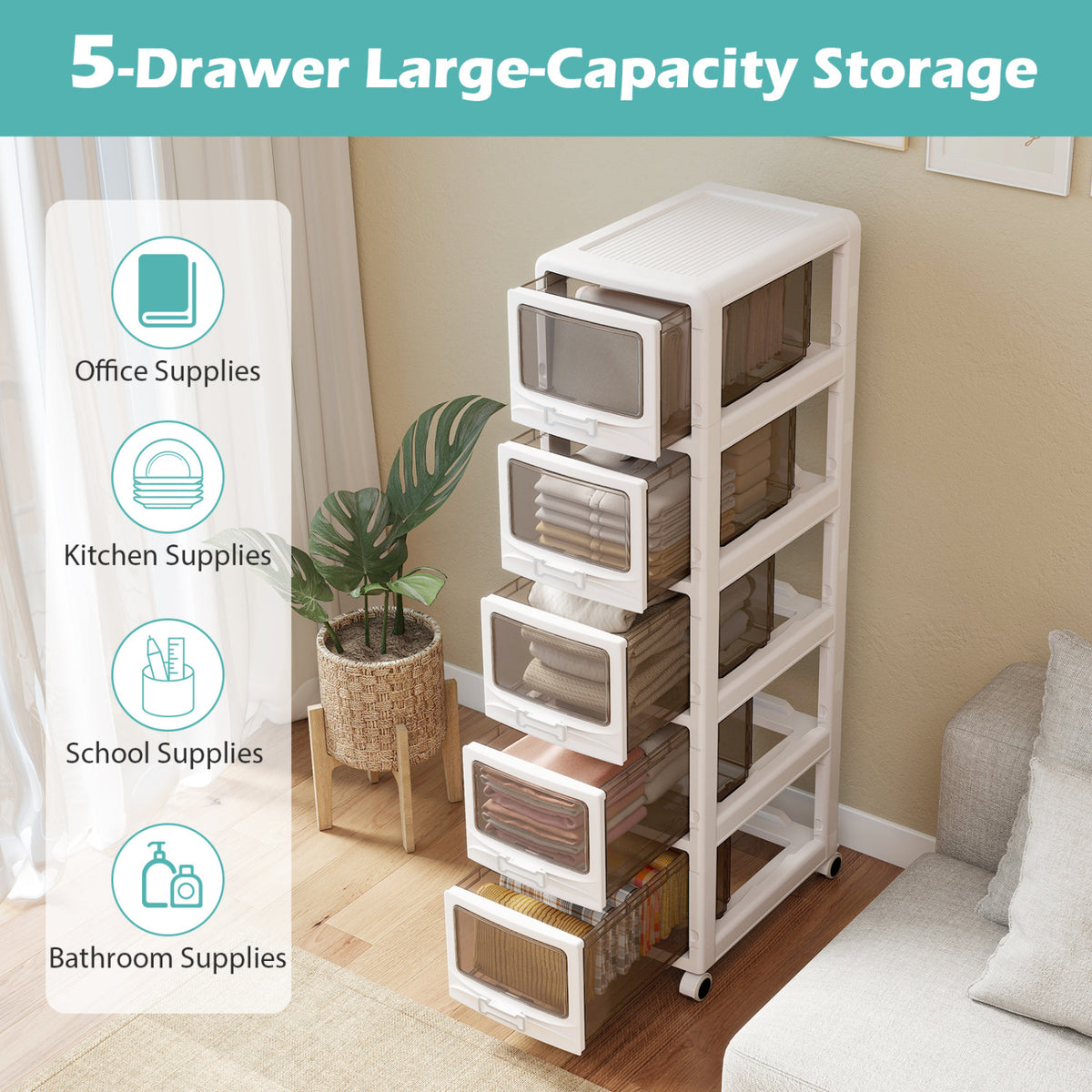 4-Tier/5-Tier/3-Tier Plastic Drawer Storage Organizer Rolling Cart with 3/4/5 Drawers and Lockable Wheels