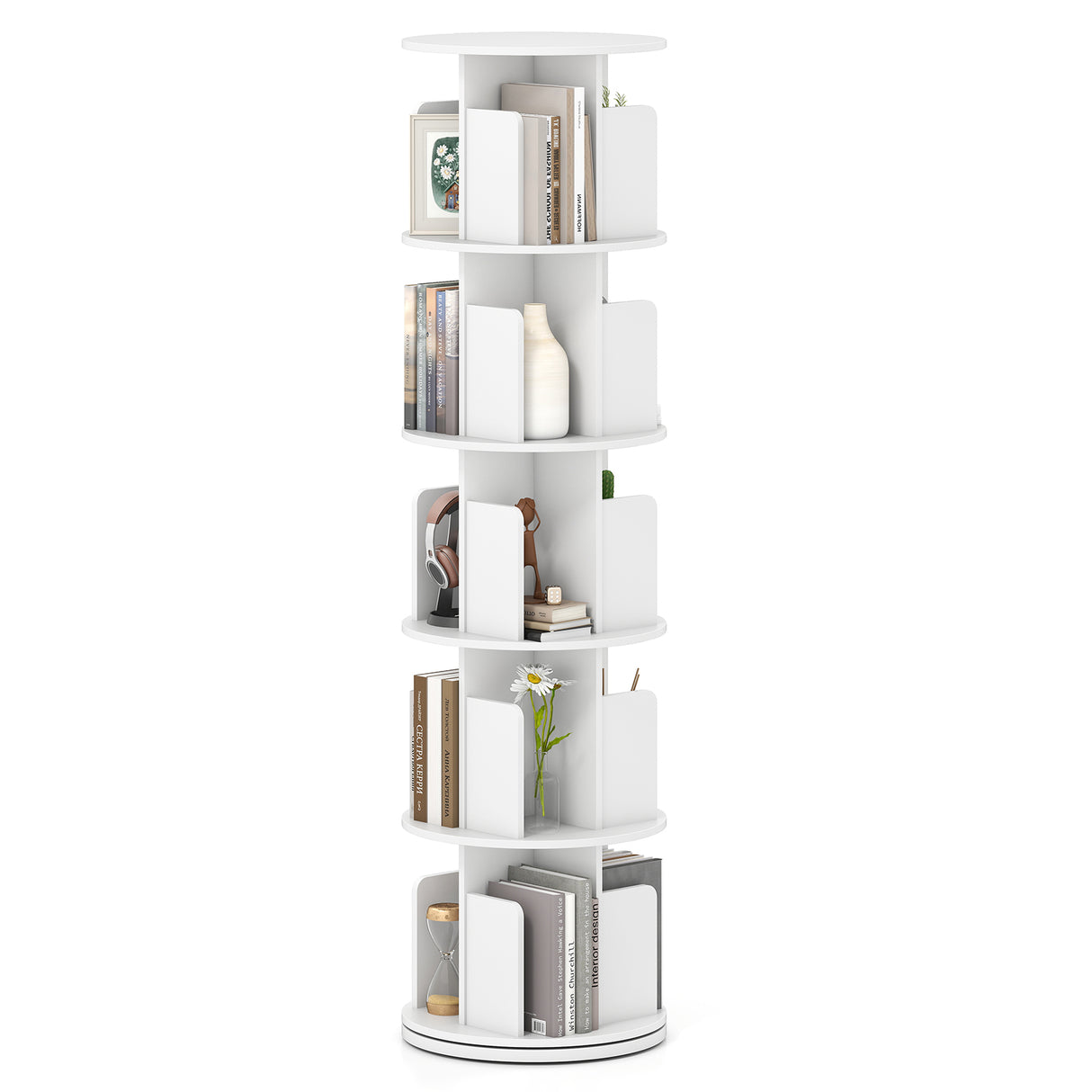 5-Tier Rotating Bookshelf 360° Display Rack with Dividers and Anti-falling Baffles