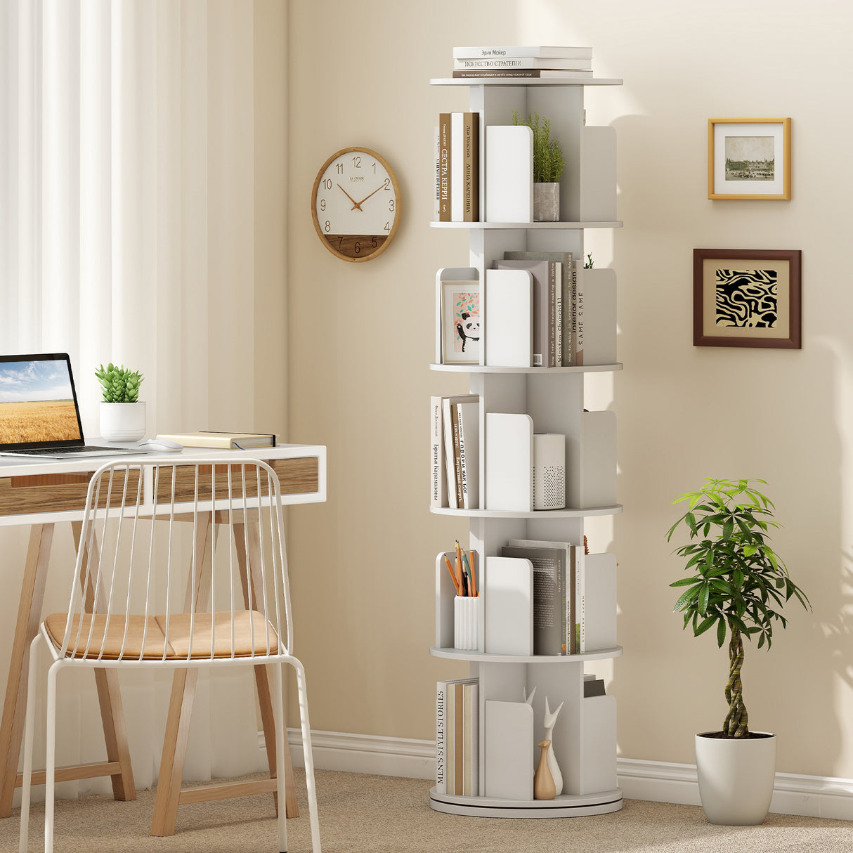 5-Tier Rotating Bookshelf 360° Display Rack with Dividers and Anti-falling Baffles