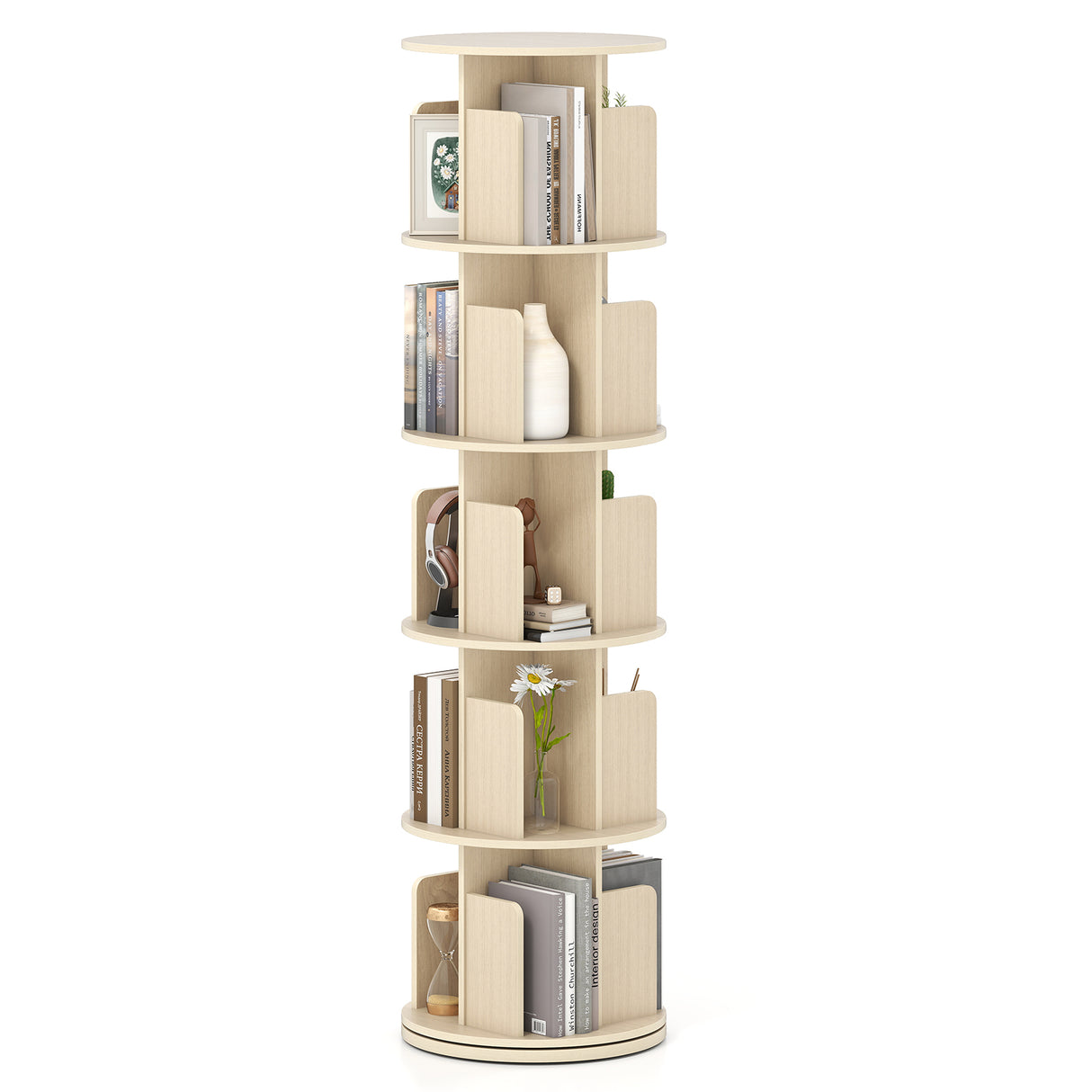 5-Tier Rotating Bookshelf 360° Display Rack with Dividers and Anti-falling Baffles