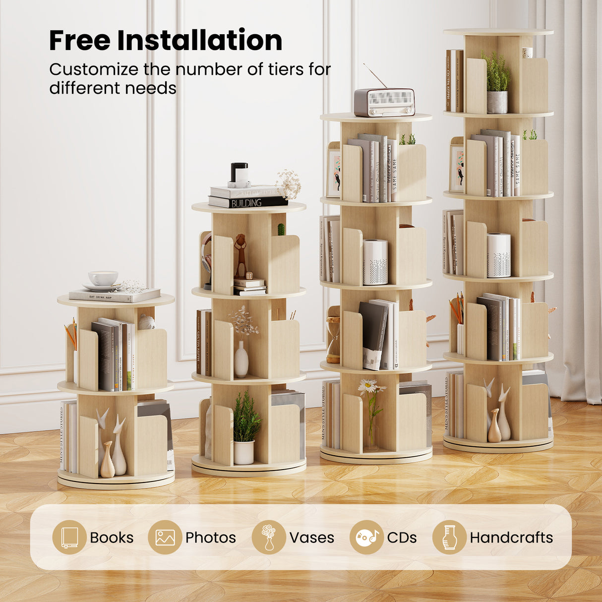 5-Tier Rotating Bookshelf 360° Display Rack with Dividers and Anti-falling Baffles