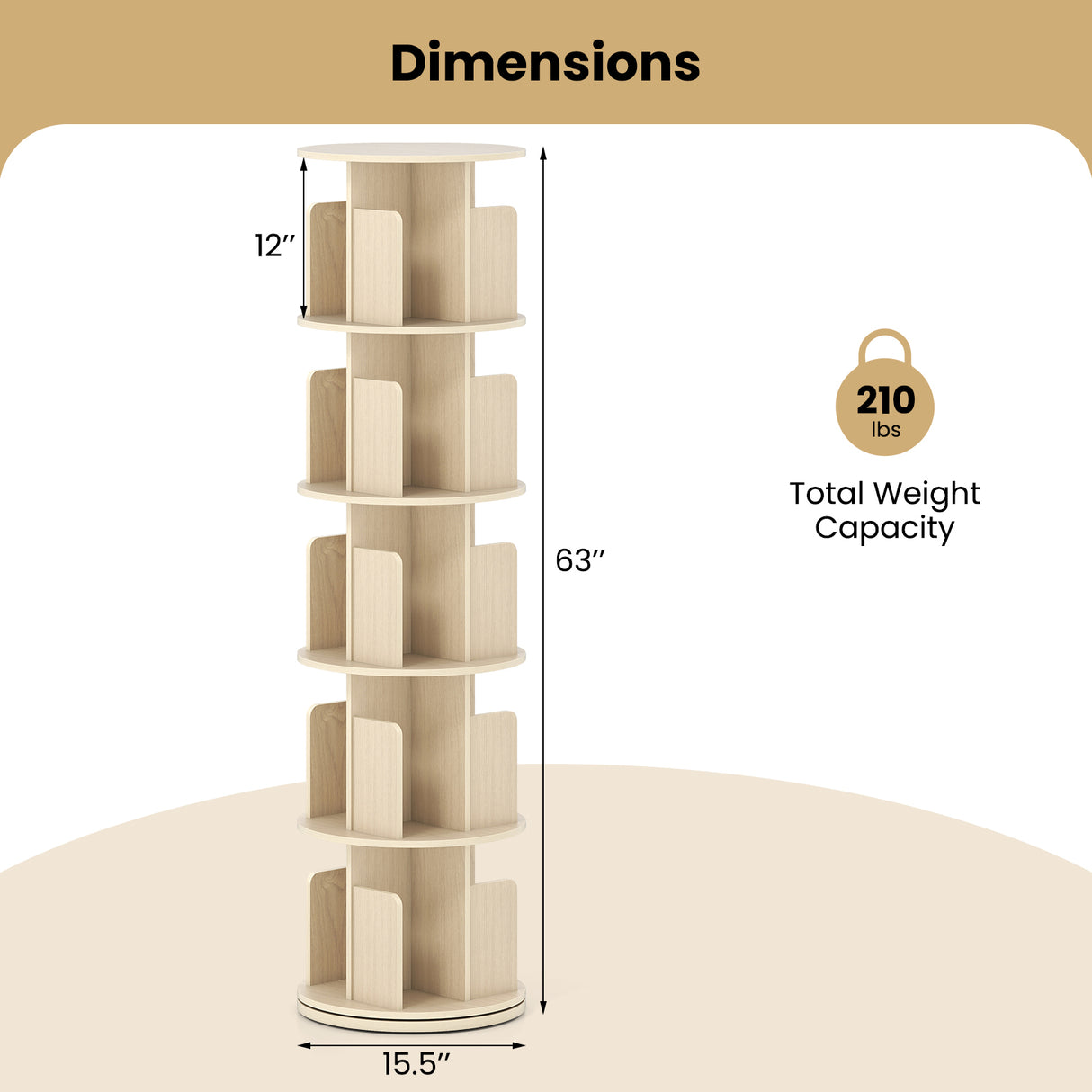 5-Tier Rotating Bookshelf 360° Display Rack with Dividers and Anti-falling Baffles