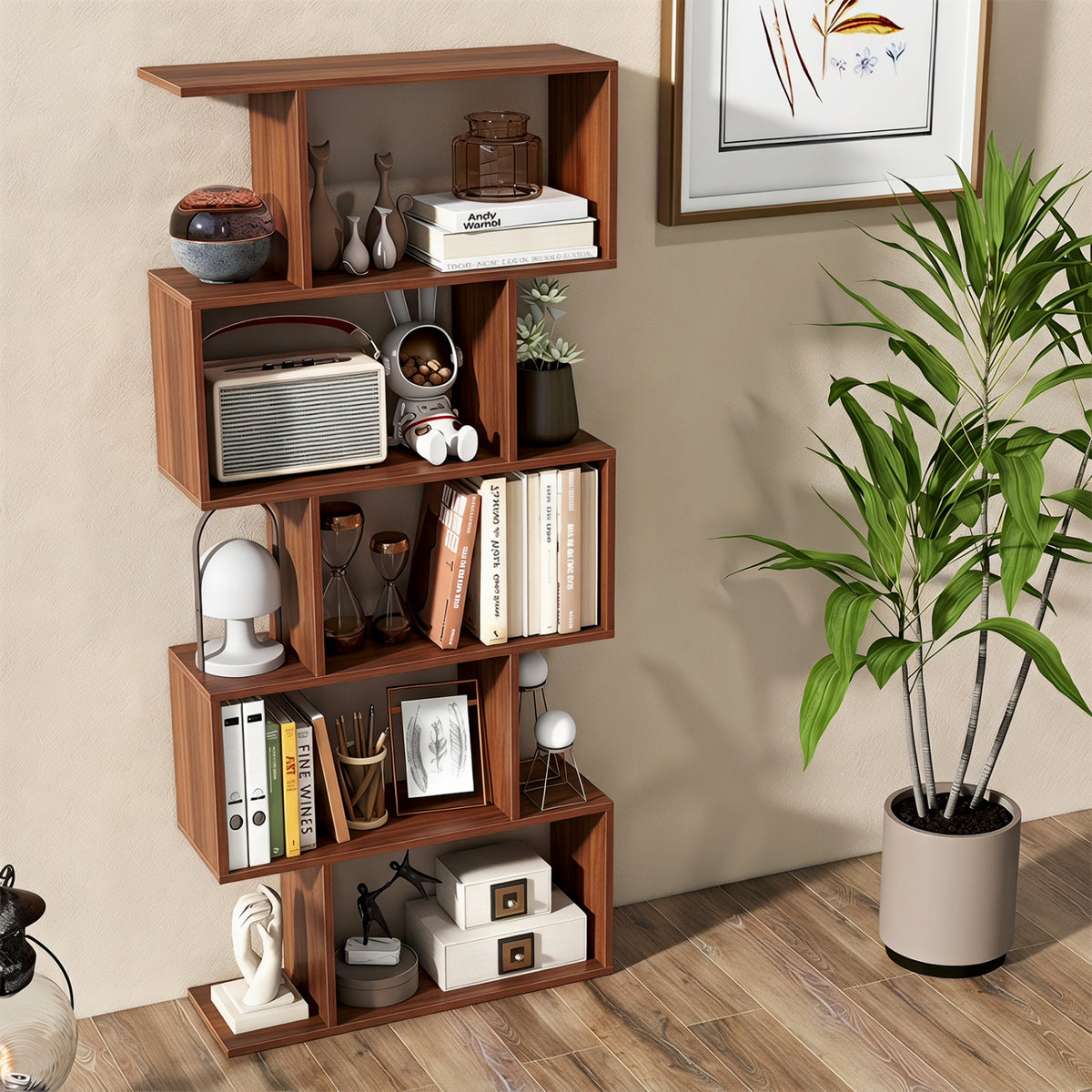 5-Tier S-Shaped Bookshelf with Anti-Tip Kit for Living Room Home Office