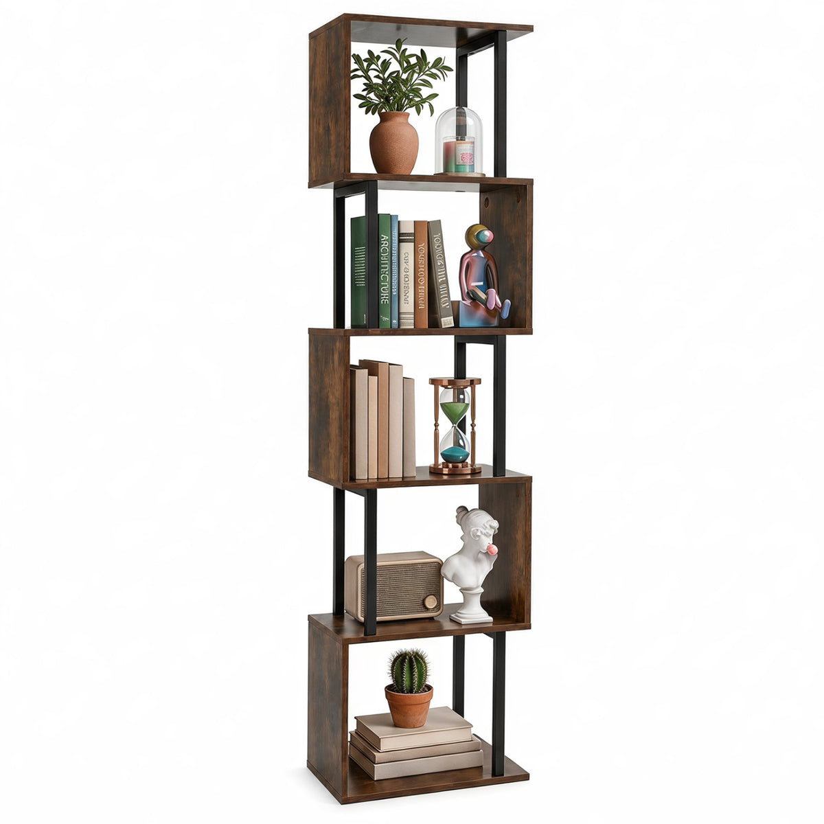 5-Tier S-Shaped Bookshelf w//with Open Cubes &/and Anti-toppling Kits for Living Room