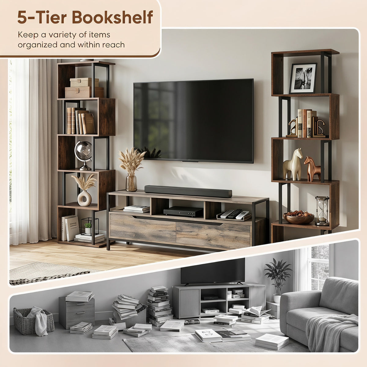 5-Tier S-Shaped Bookshelf w//with Open Cubes &/and Anti-toppling Kits for Living Room