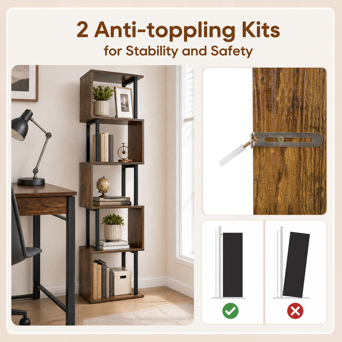 5-Tier S-Shaped Bookshelf w//with Open Cubes &/and Anti-toppling Kits for Living Room