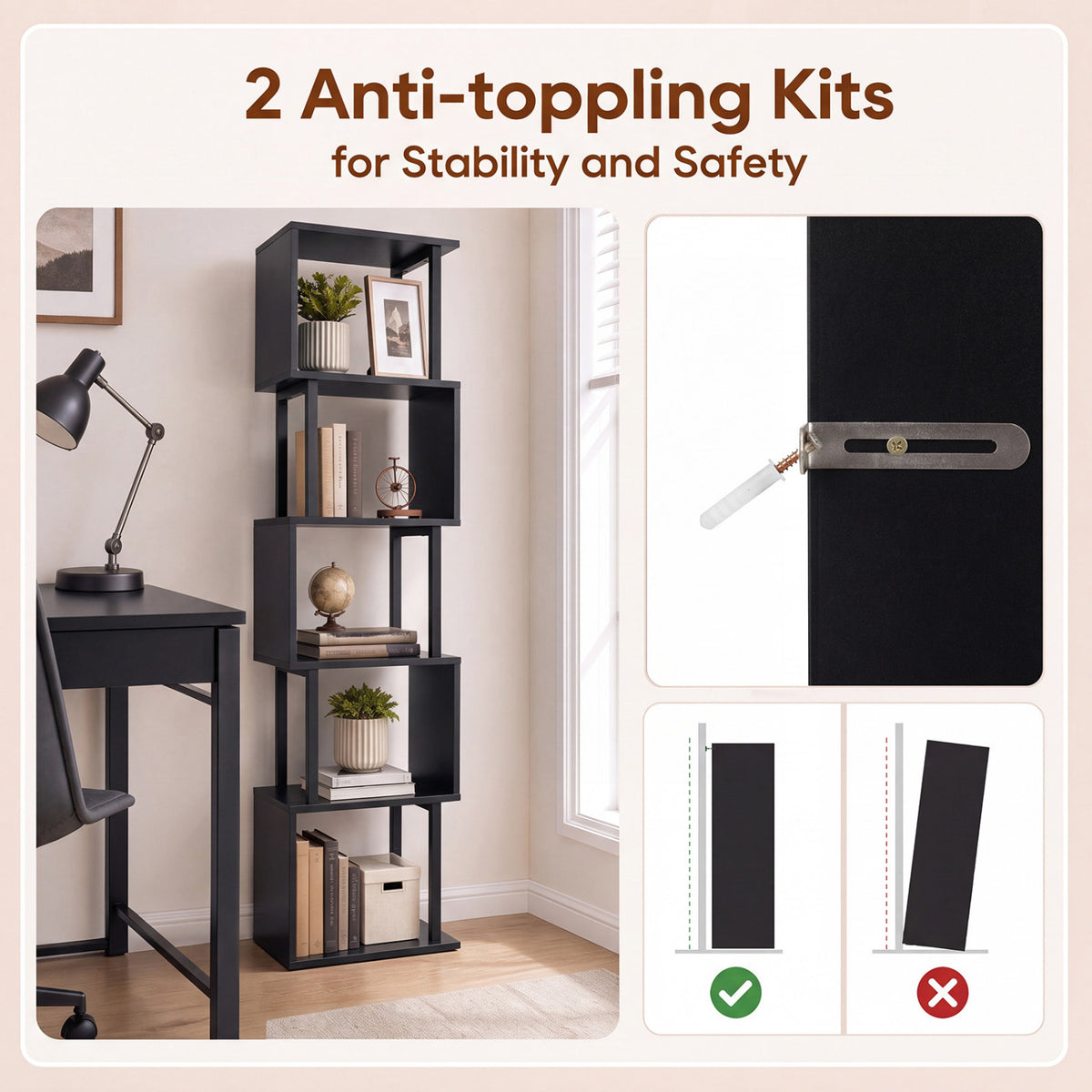 5-Tier S-Shaped Bookshelf w//with Open Cubes &/and Anti-toppling Kits for Living Room
