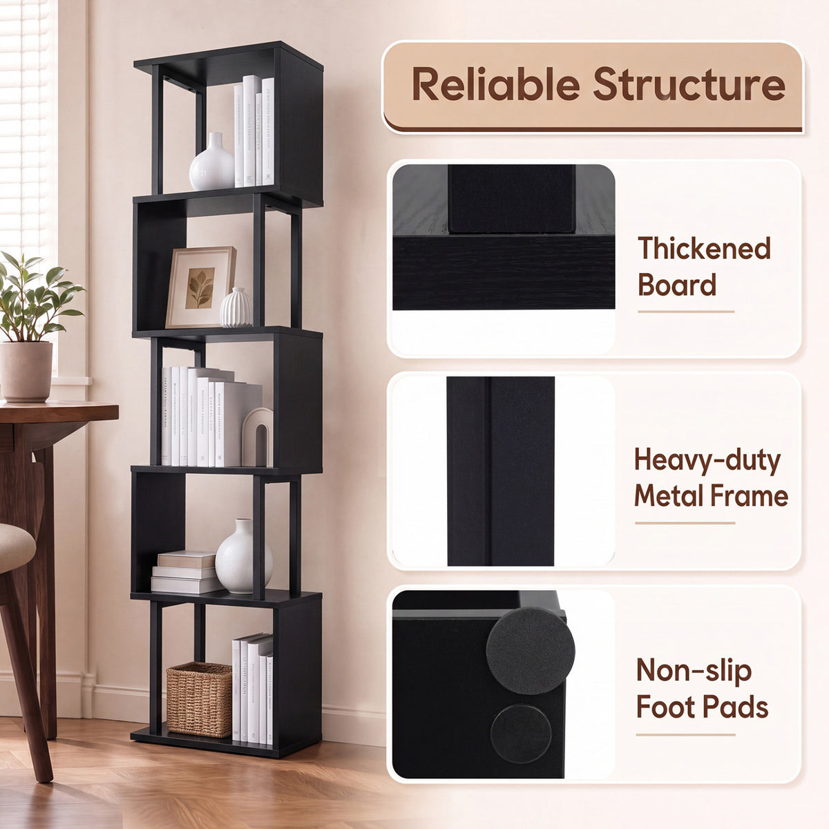 5-Tier S-Shaped Bookshelf w//with Open Cubes &/and Anti-toppling Kits for Living Room