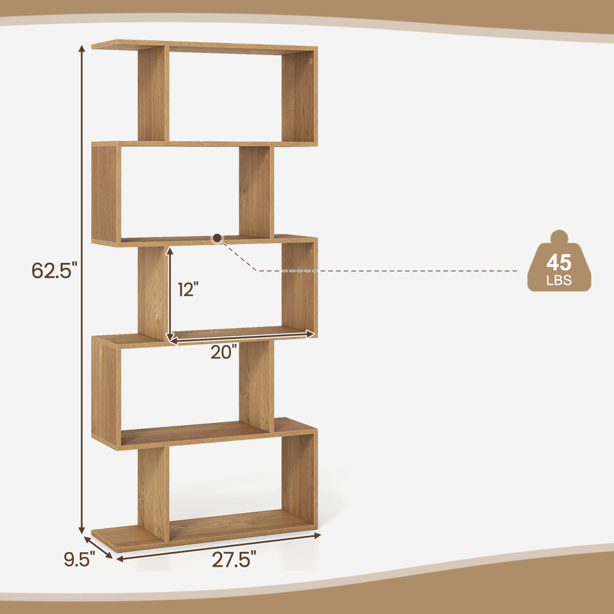 5-Tier S-Shaped Bookshelf with Anti-Tip Kit for Living Room Home Office