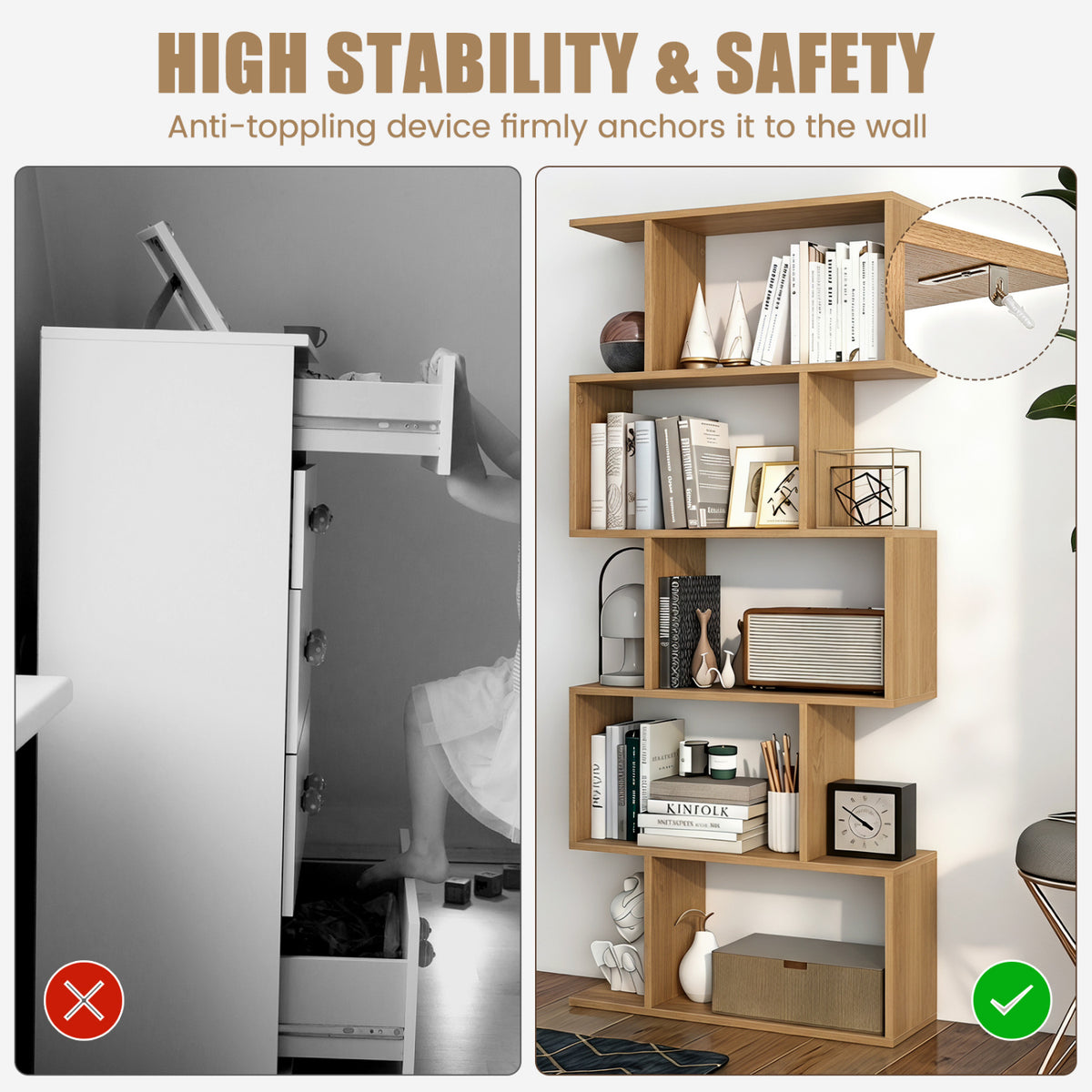 5-Tier S-Shaped Bookshelf with Anti-Tip Kit for Living Room Home Office