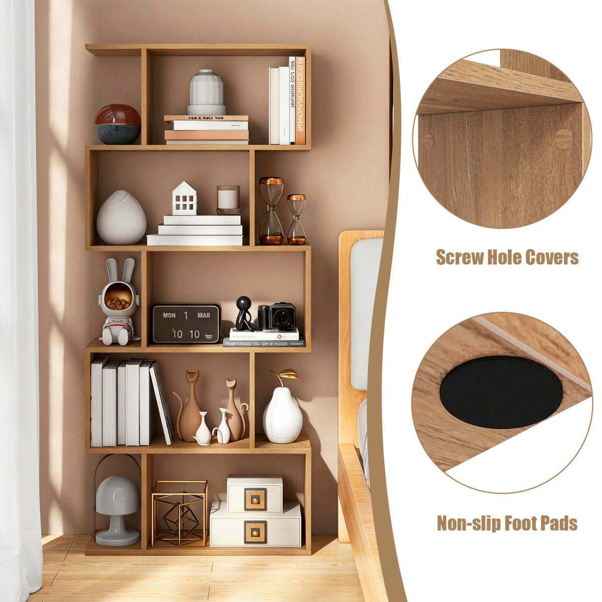 5-Tier S-Shaped Bookshelf with Anti-Tip Kit for Living Room Home Office