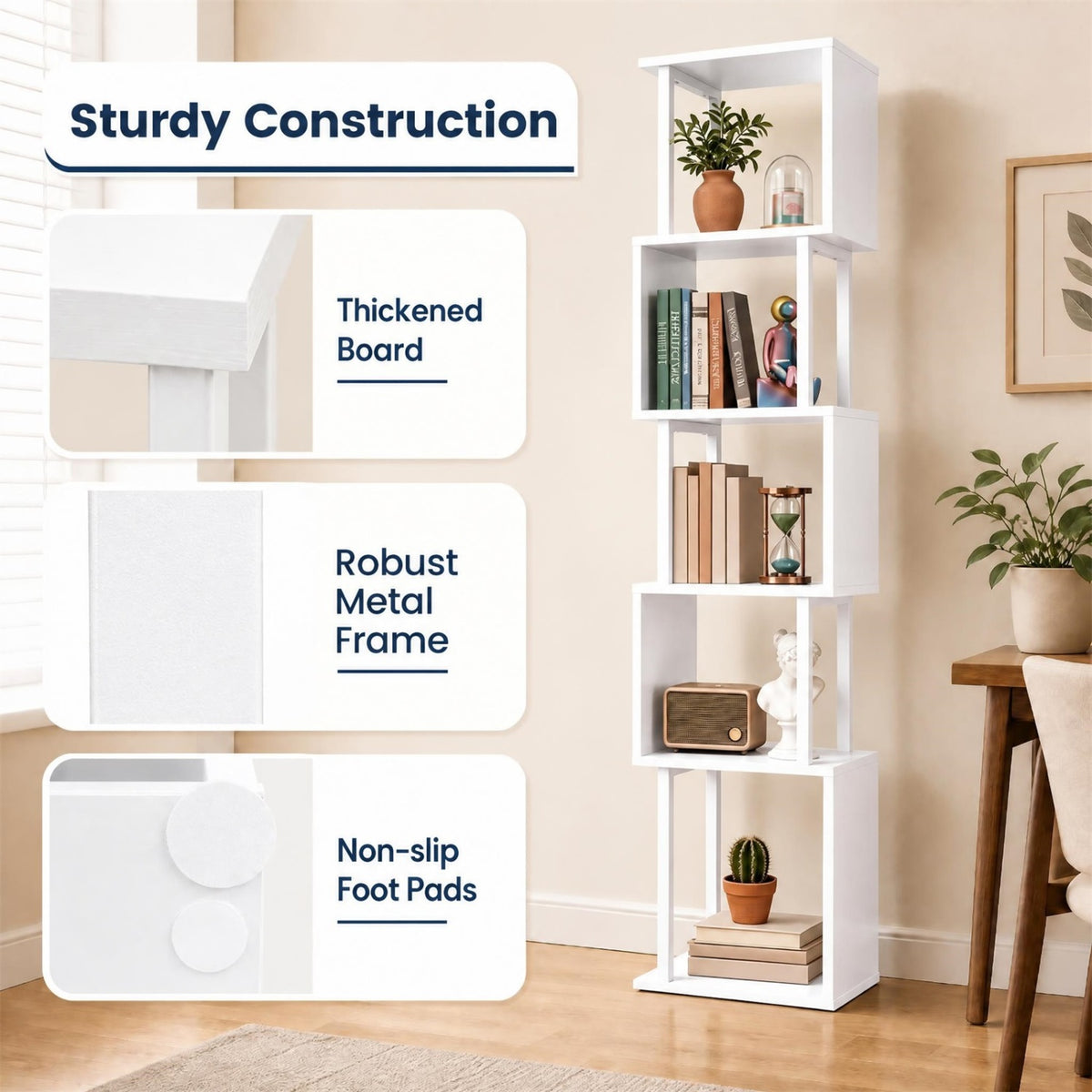 5-Tier S-Shaped Bookshelf w//with Open Cubes &/and Anti-toppling Kits for Living Room