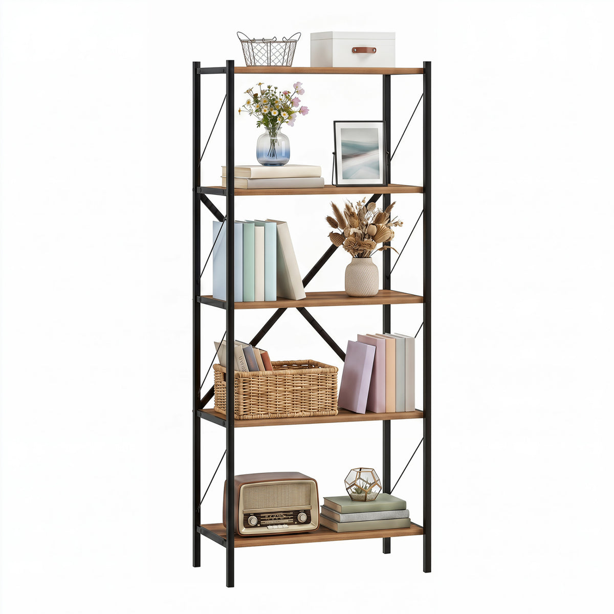 5-Tier Tall Bookshelf Industrial Bookcase with Heavy-Duty Metal Frame Modern Storage
