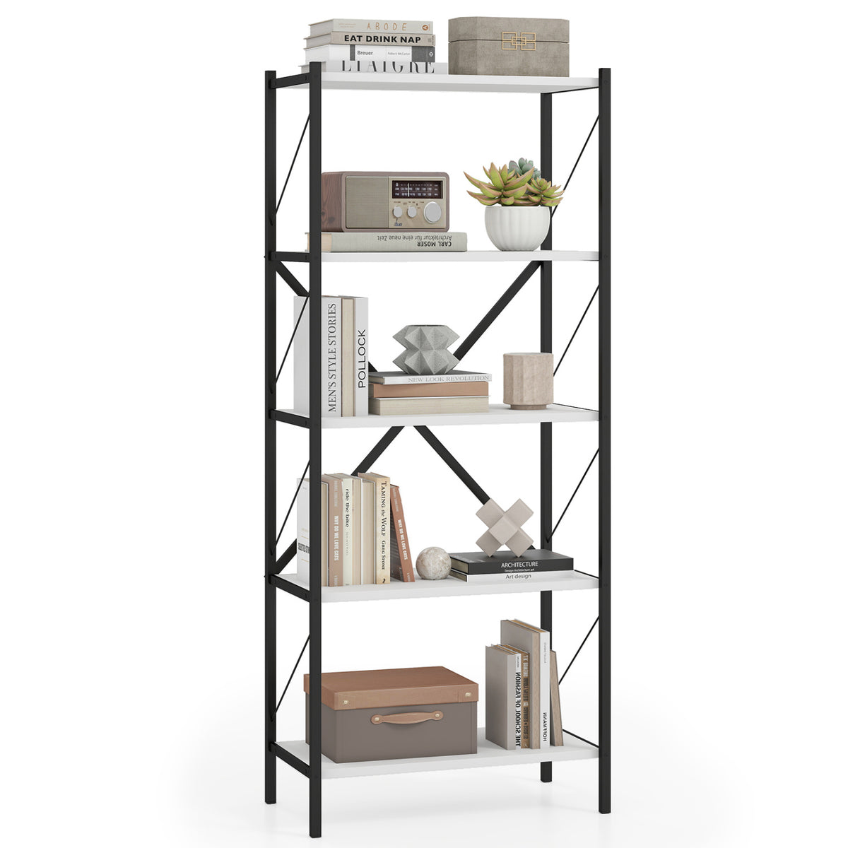 5-Tier Tall Bookshelf Industrial Bookcase with Heavy-Duty Metal Frame Modern Storage