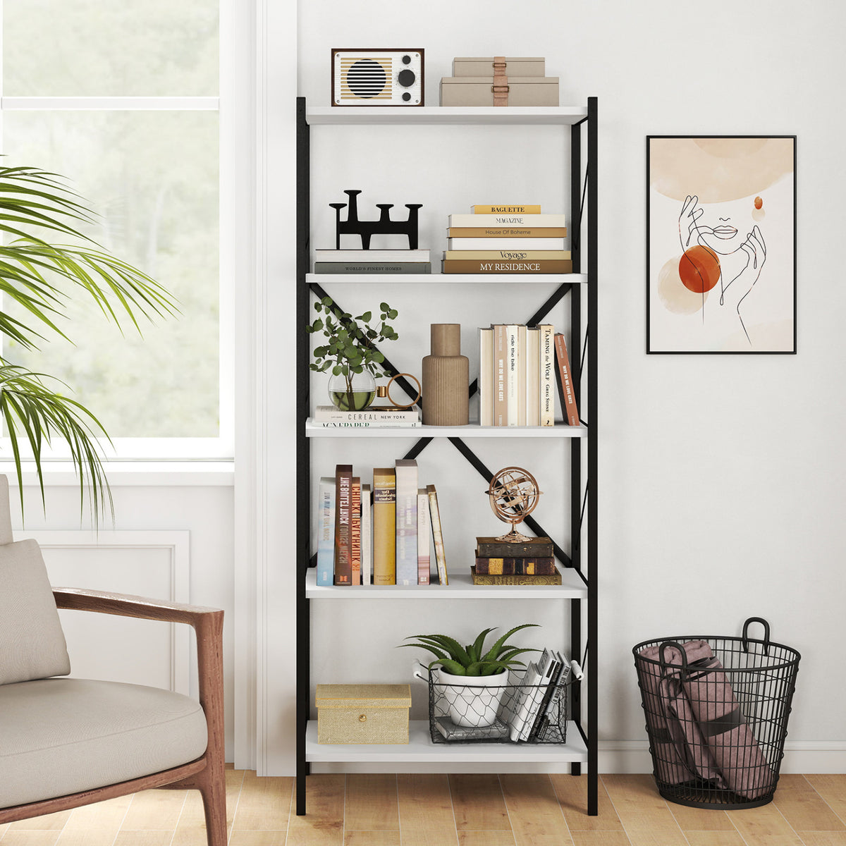 5-Tier Tall Bookshelf Industrial Bookcase with Heavy-Duty Metal Frame Modern Storage