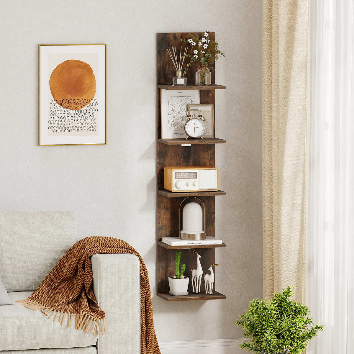 5-Tier Wall Mounted Shelf Unit with Wood Grain