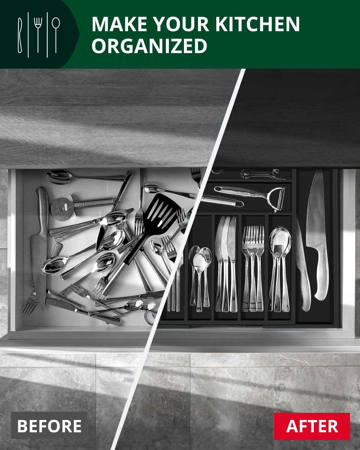 Silverware Drawer Organizer, Black (9 Slots)