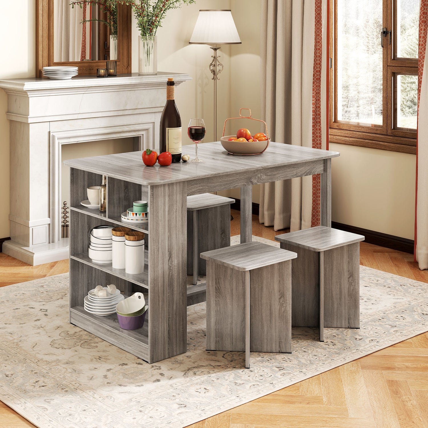5 Pieces Dining Table Set with Storage Shelf and 4 Stools