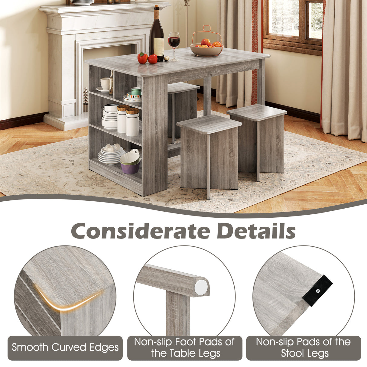 5 Pieces Dining Table Set with Storage Shelf and 4 Stools
