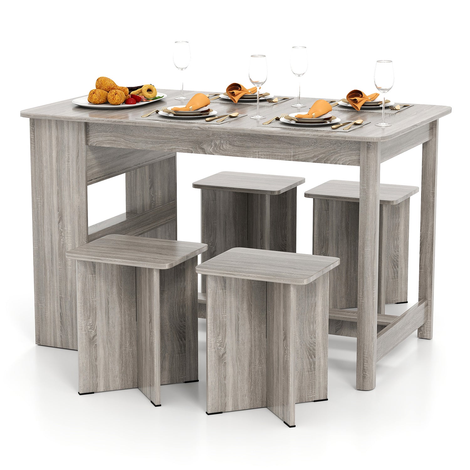 5 Pieces Dining Table Set with Storage Shelf and 4 Stools