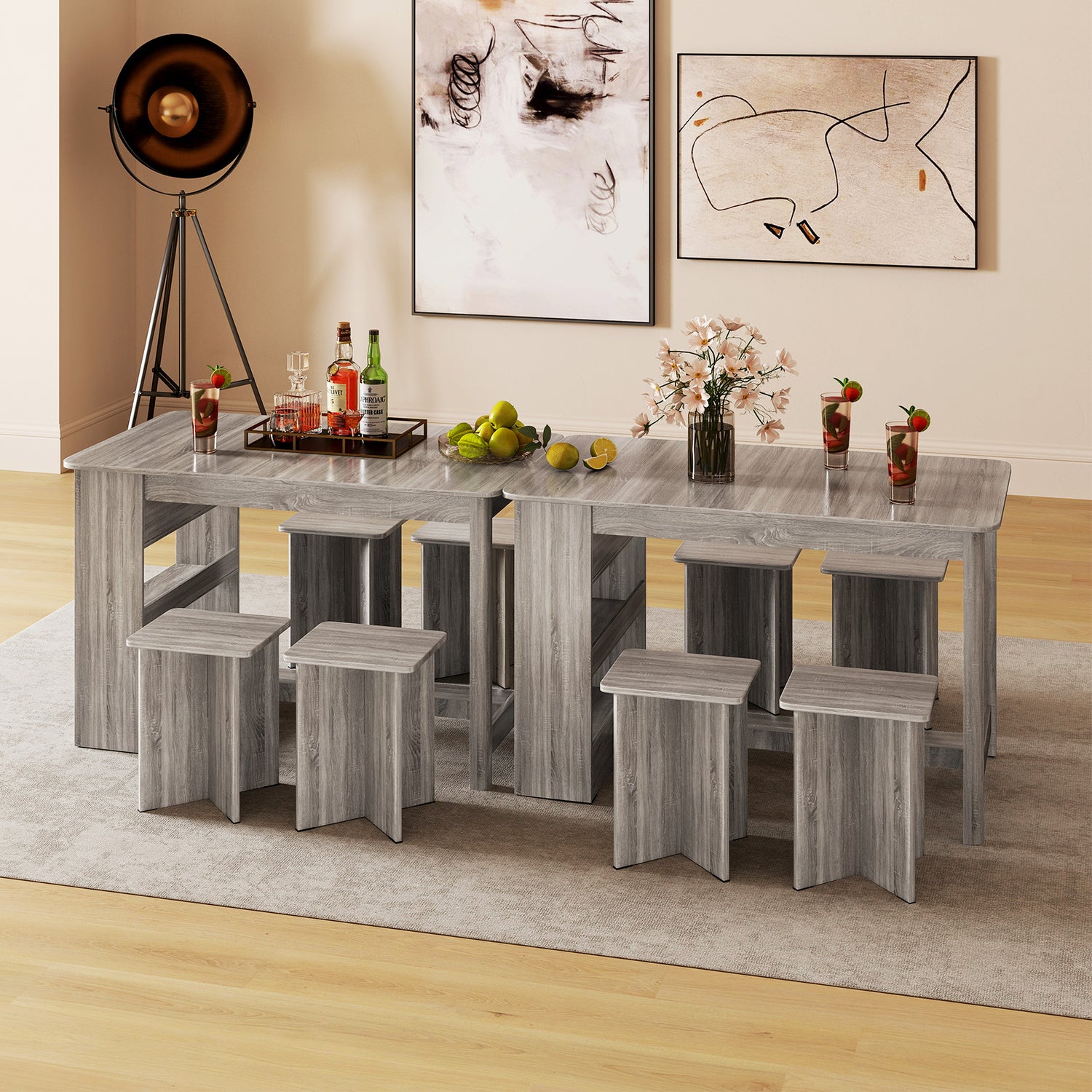 5 Pieces Dining Table Set with Storage Shelf and 4 Stools