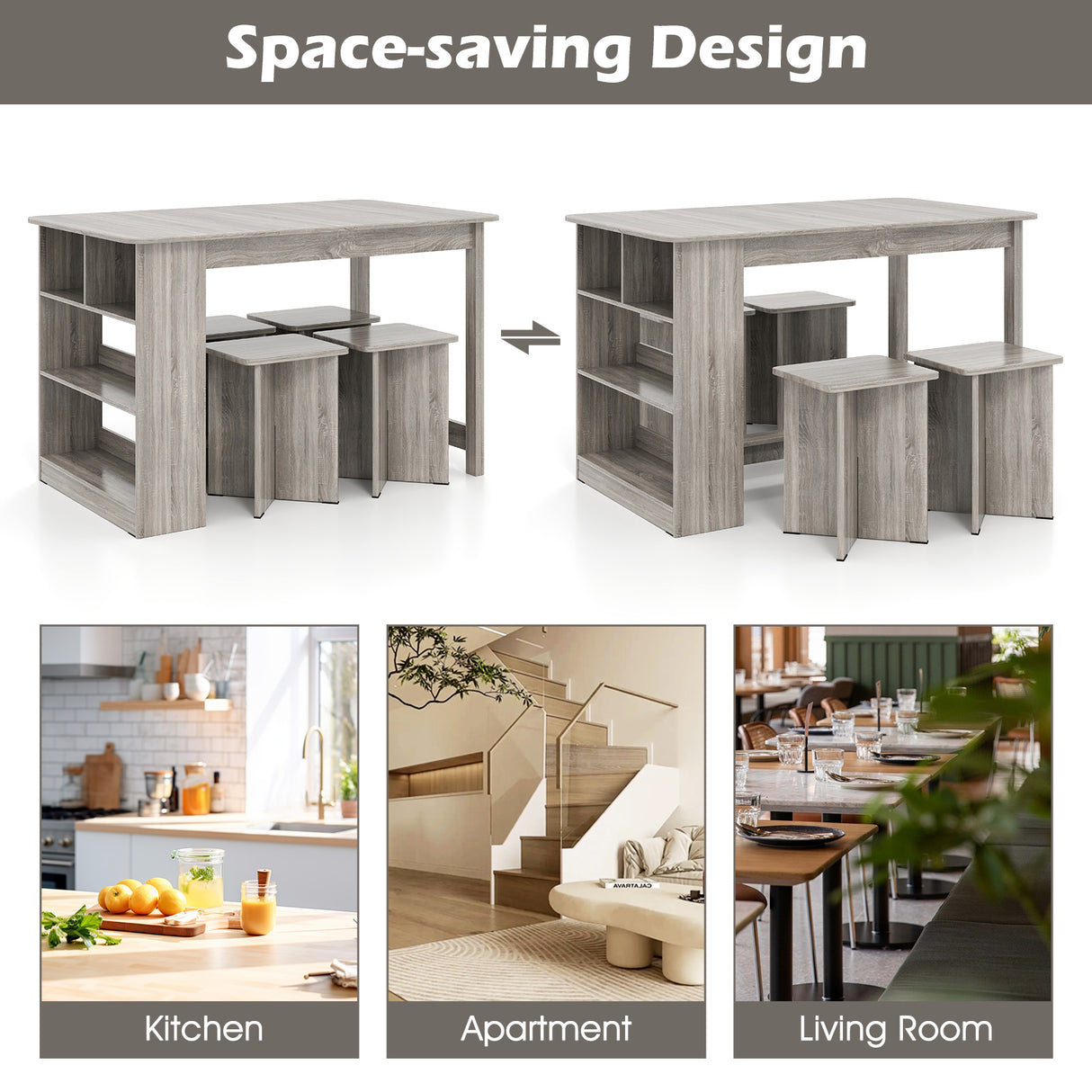 5 Pieces Dining Table Set with Storage Shelf and 4 Stools