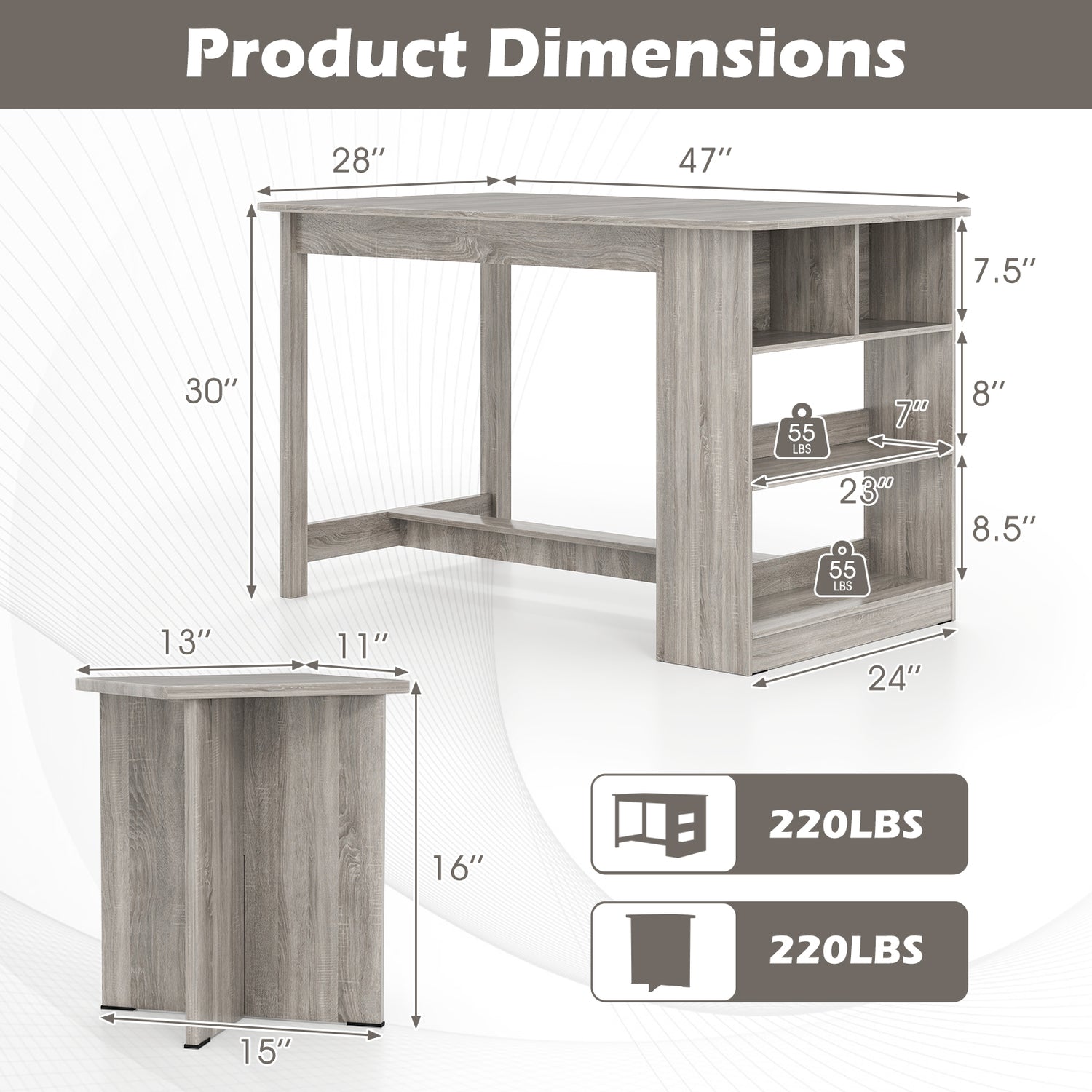 5 Pieces Dining Table Set with Storage Shelf and 4 Stools