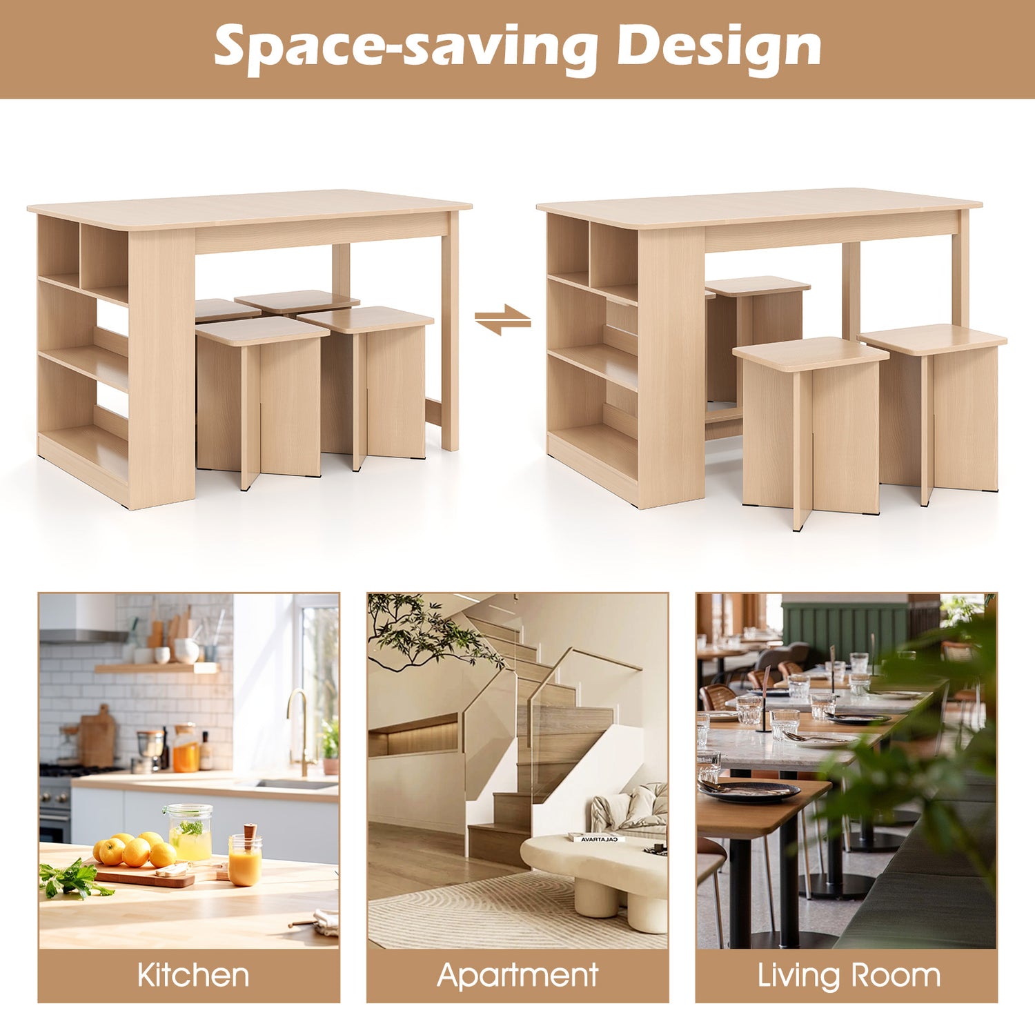 5 Pieces Dining Table Set with Storage Shelf and 4 Stools