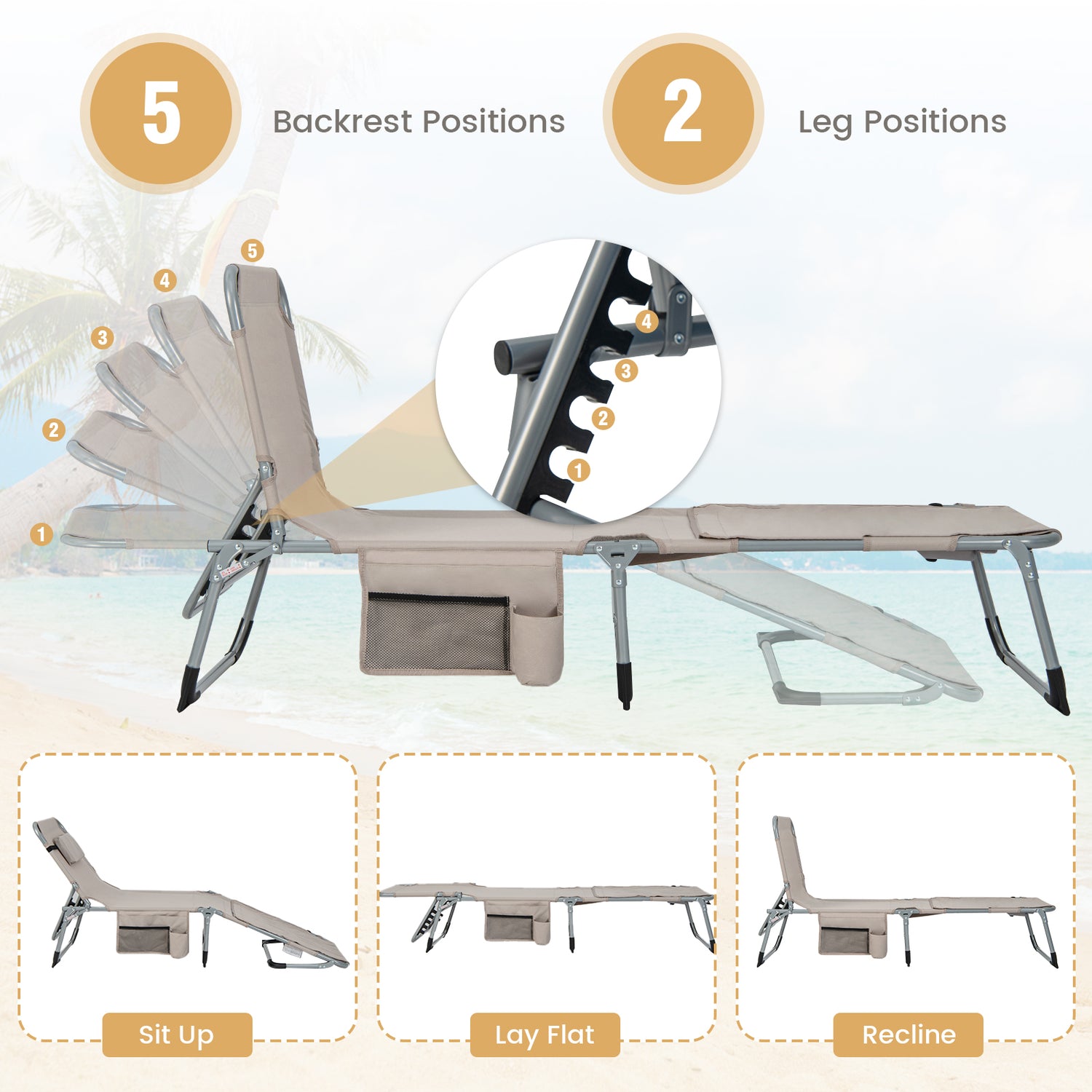 5-position Outdoor Folding Chaise Lounge Chair