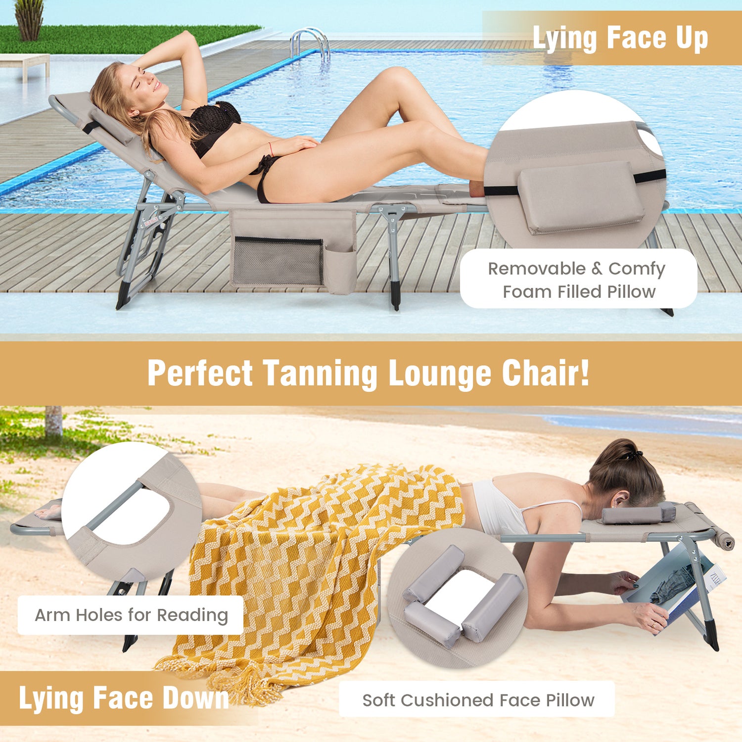 5-position Outdoor Folding Chaise Lounge Chair