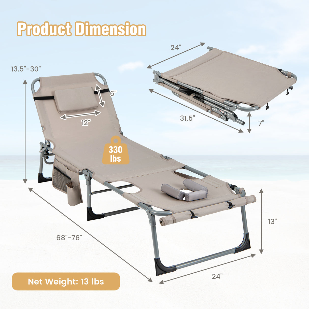 5-position Outdoor Folding Chaise Lounge Chair