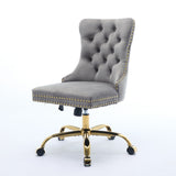 A&A Furniture Office Chair,Modern Velvet Upholstered Tufted Button Home Office Chair with Golden Metal Base,Adjustable Desk Chair Swivel Office Chair (Gray)