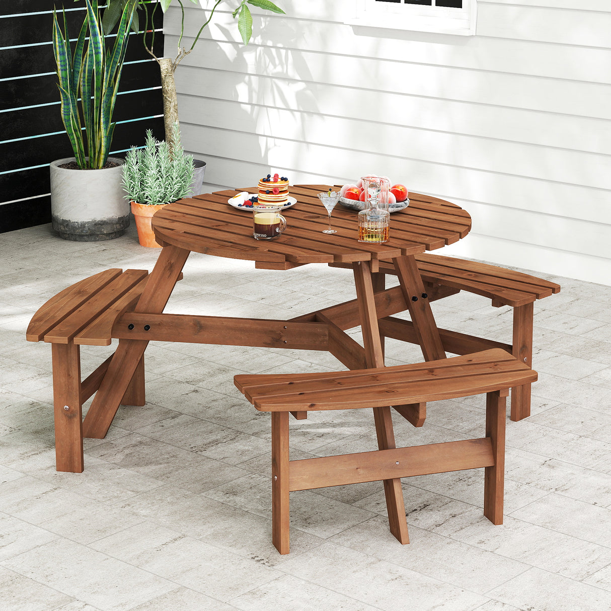 6-Person Round Picnic Table Set with 3 Built-in Benches and Umbrella Hole