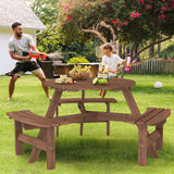 6-Person Round Picnic Table Set with 3 Built-in Benches and Umbrella Hole