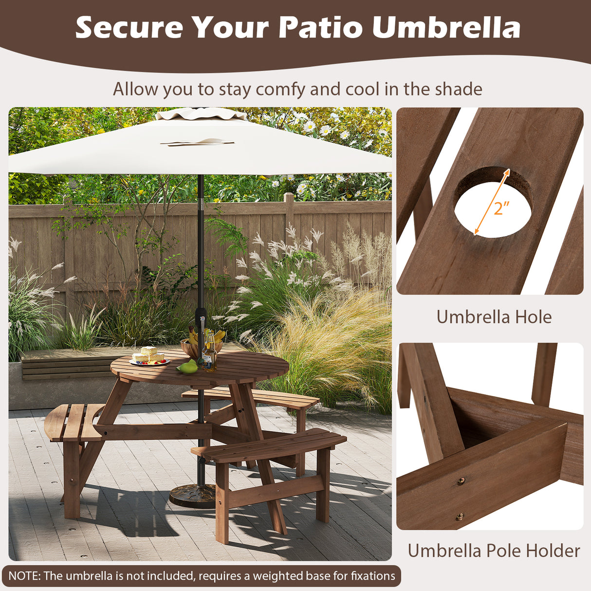 6-Person Round Picnic Table Set with 3 Built-in Benches and Umbrella Hole