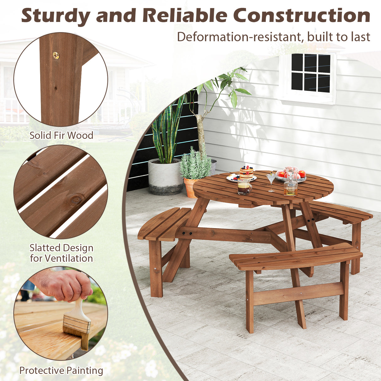 6-Person Round Picnic Table Set with 3 Built-in Benches and Umbrella Hole
