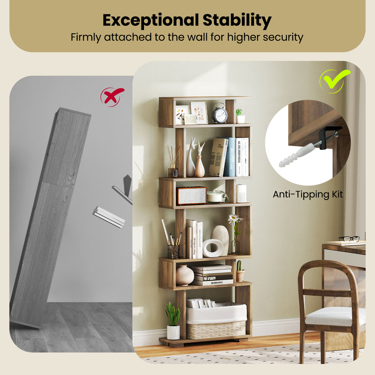 6-Tier Bookcase with Anti-Tipping Kit