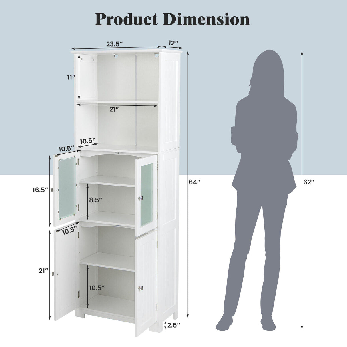 6-Tier Freestanding Bathroom Cabinet with 2 Open Compartments and Adjustable Shelves