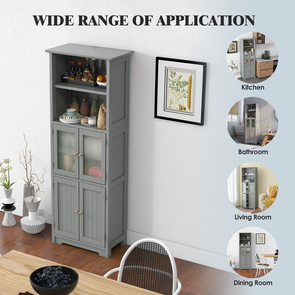 6-Tier Freestanding Bathroom Cabinet with 2 Open Compartments and Adjustable Shelves