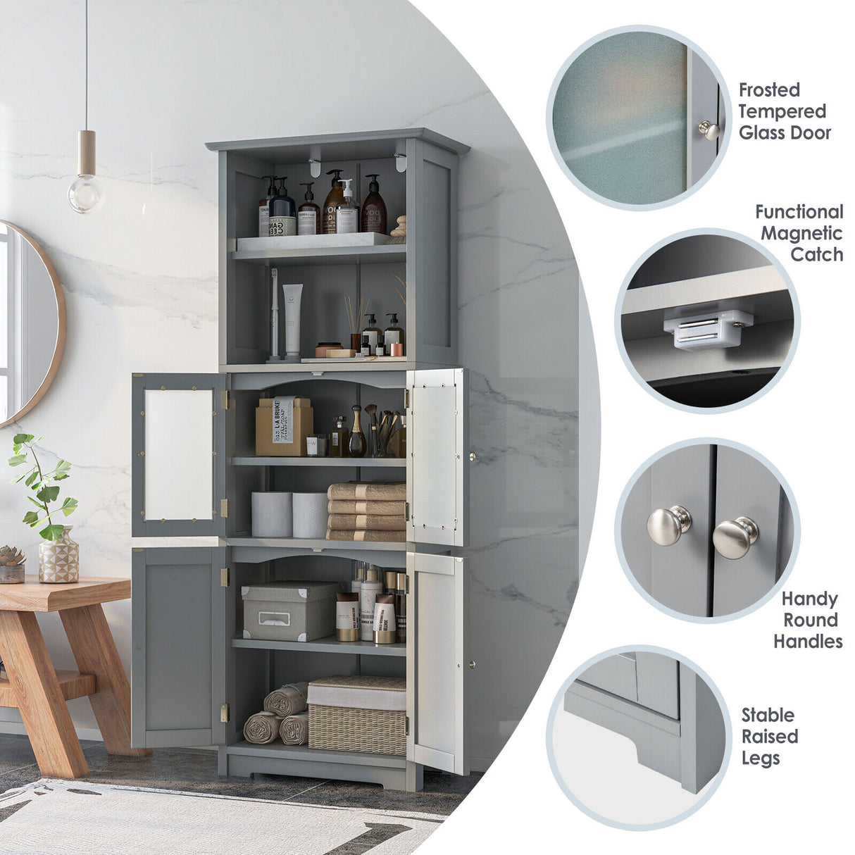 6-Tier Freestanding Bathroom Cabinet with 2 Open Compartments and Adjustable Shelves