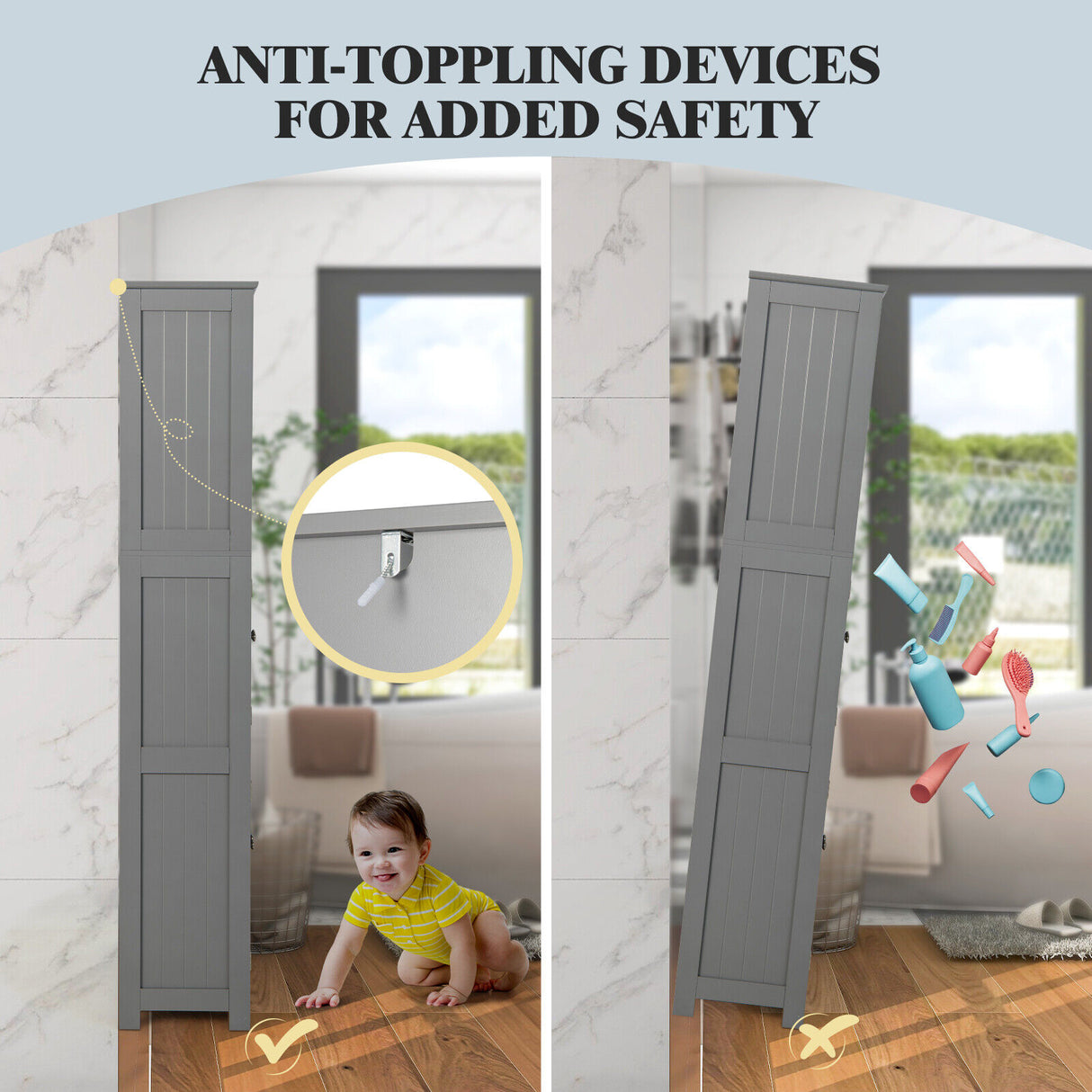 6-Tier Freestanding Bathroom Cabinet with 2 Open Compartments and Adjustable Shelves